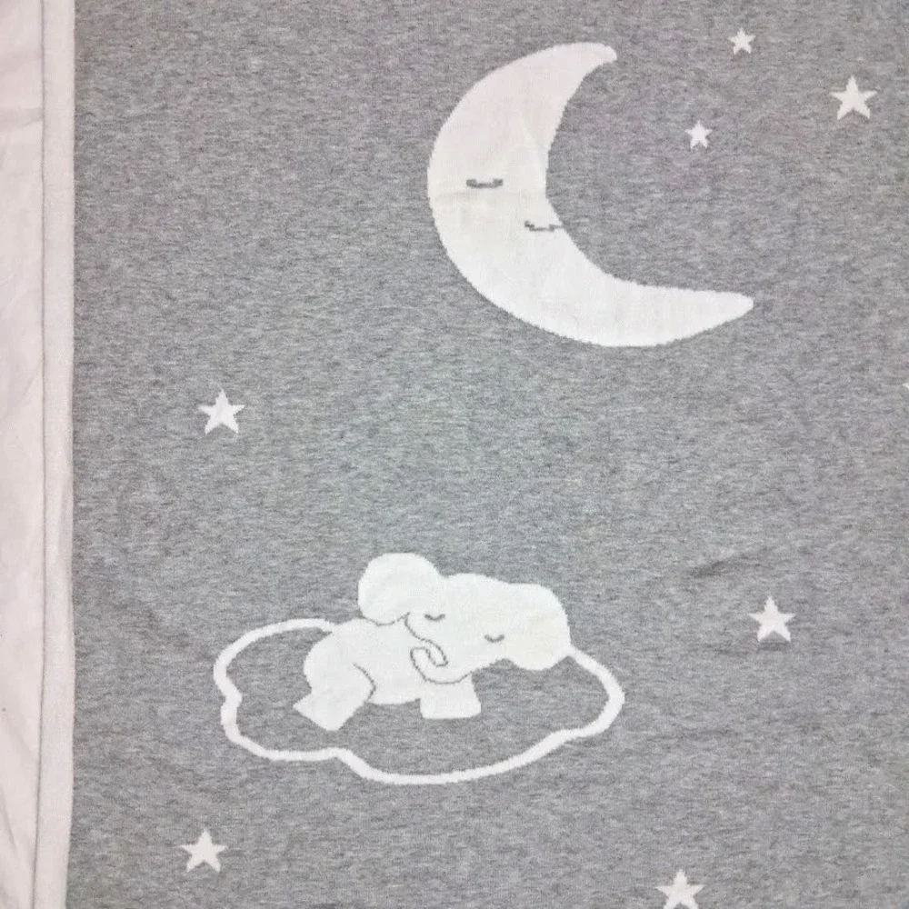 The Little White Company Gray Elephant Moon Cloud Sleeping Baby Blanket Knit Rev
